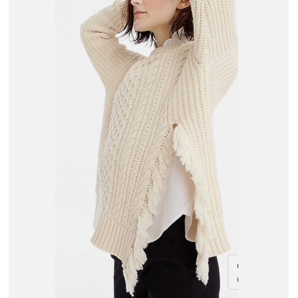 J Crew Women Cable Knit Sweater with Fringe Ivory XS Oversize Fisherman NWT